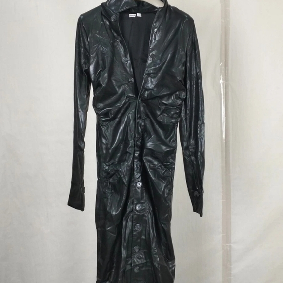 HOUSE OF CB 'Viola' Black Vegan Leather Long Sleeve Midi Dress Button-Down Dress - Picture 3 of 8